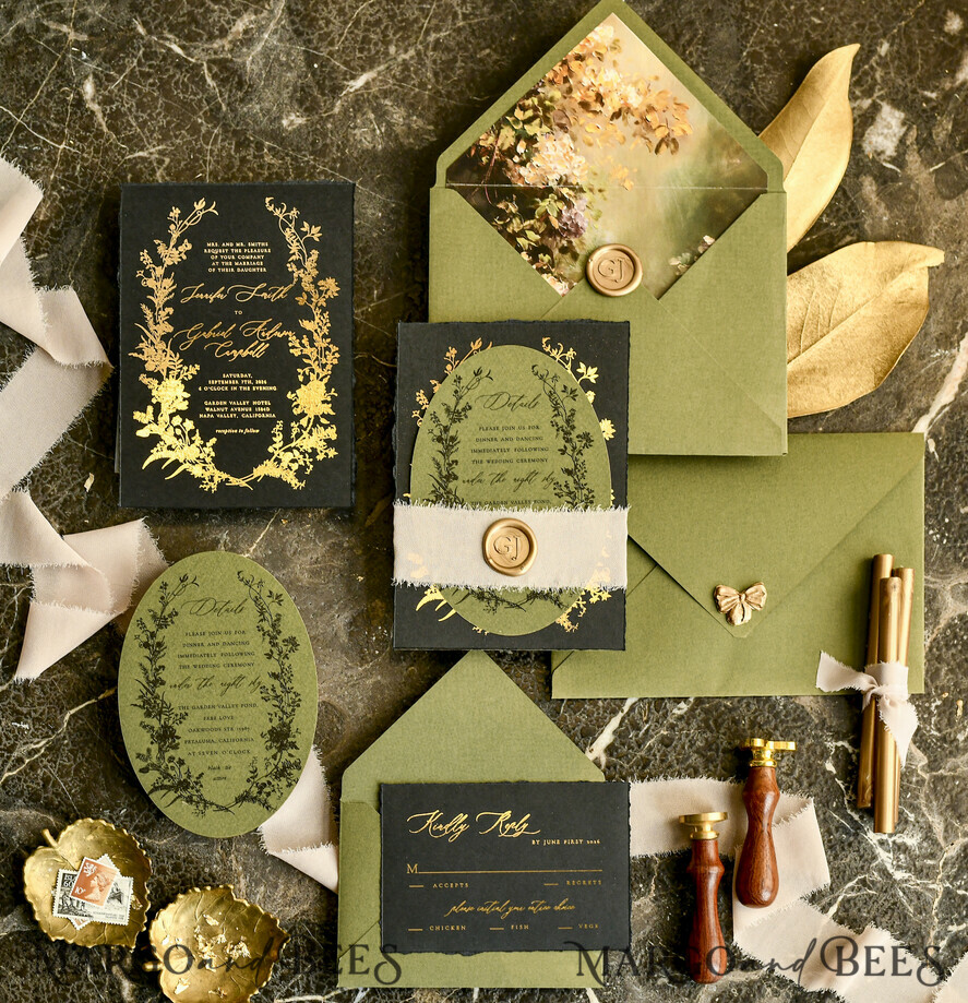WEDDING INVITATIONS modern calligraphy / fine art Sage green  Fine Art Wedding Invitations with Gold Leaf, Deckled Edges, RSVP  qr code Silk Ribbon Bespoke Elegant Wedding Suite