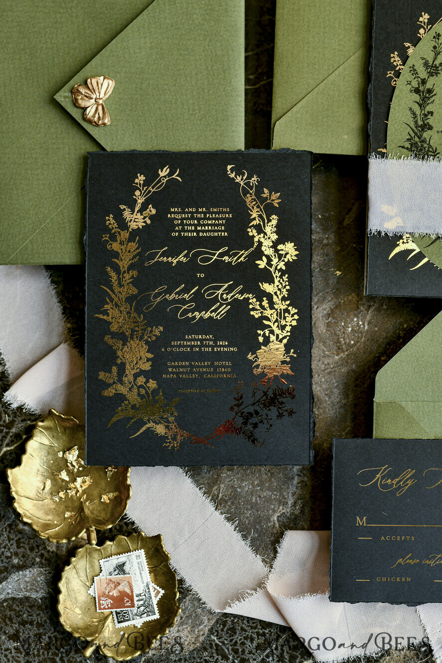 WEDDING INVITATIONS modern calligraphy / fine art Sage green  Fine Art Wedding Invitations with Gold Leaf, Deckled Edges, RSVP  qr code Silk Ribbon Bespoke Elegant Wedding Suite