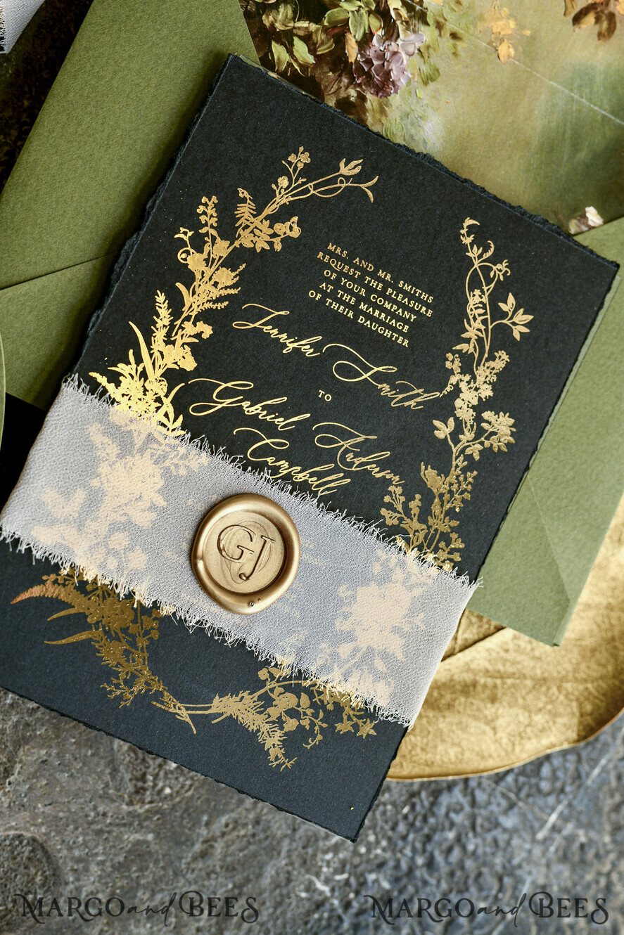 WEDDING INVITATIONS modern calligraphy / fine art Sage green  Fine Art Wedding Invitations with Gold Leaf, Deckled Edges, RSVP  qr code Silk Ribbon Bespoke Elegant Wedding Suite