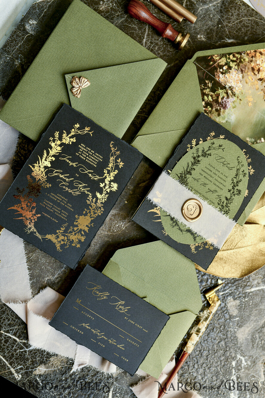 WEDDING INVITATIONS modern calligraphy / fine art Sage green  Fine Art Wedding Invitations with Gold Leaf, Deckled Edges, RSVP  qr code Silk Ribbon Bespoke Elegant Wedding Suite
