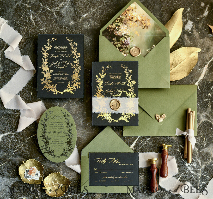 WEDDING INVITATIONS modern calligraphy / fine art Sage green  Fine Art Wedding Invitations with Gold Leaf, Deckled Edges, RSVP  qr code Silk Ribbon Bespoke Elegant Wedding Suite