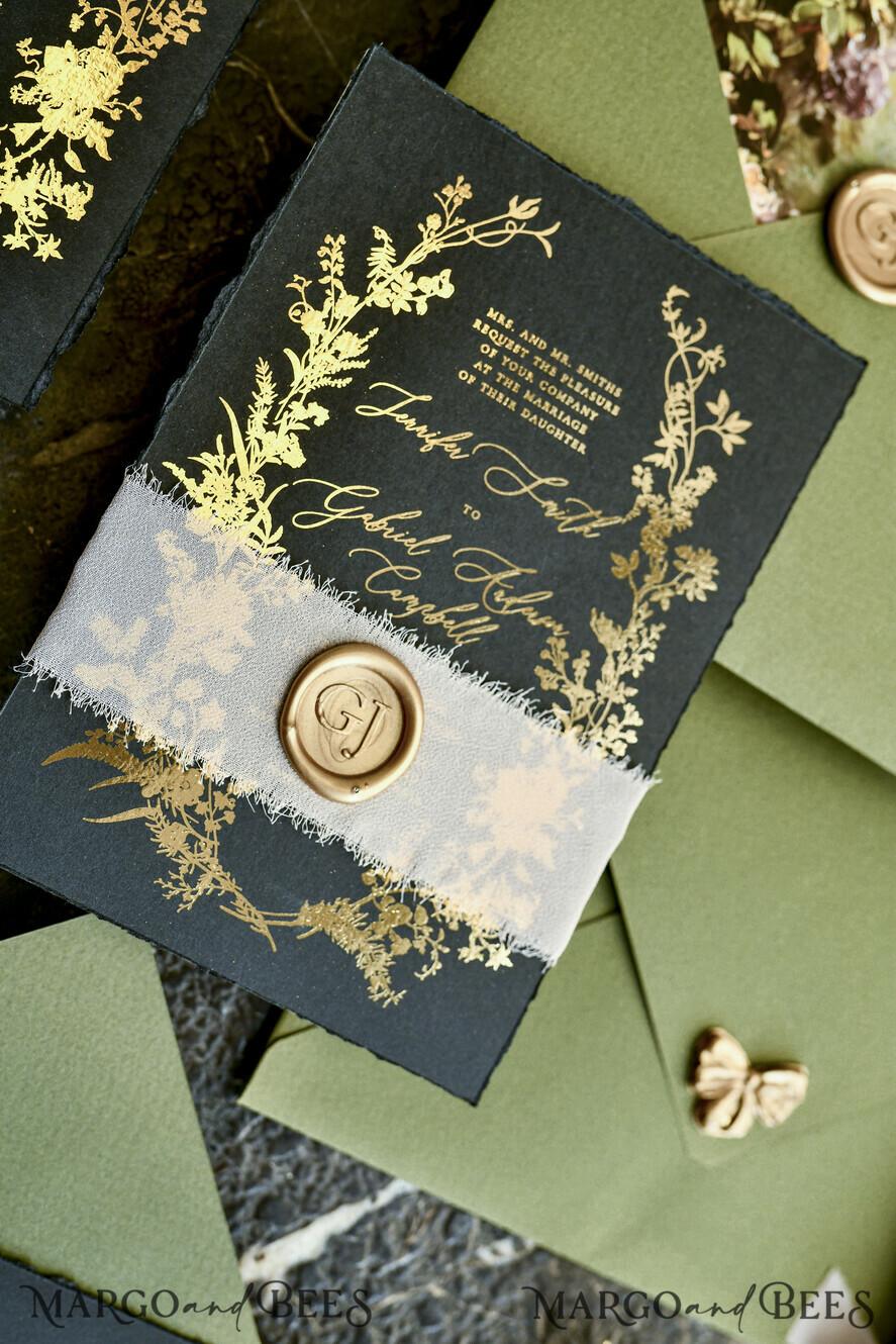 WEDDING INVITATIONS modern calligraphy / fine art Sage green  Fine Art Wedding Invitations with Gold Leaf, Deckled Edges, RSVP  qr code Silk Ribbon Bespoke Elegant Wedding Suite
