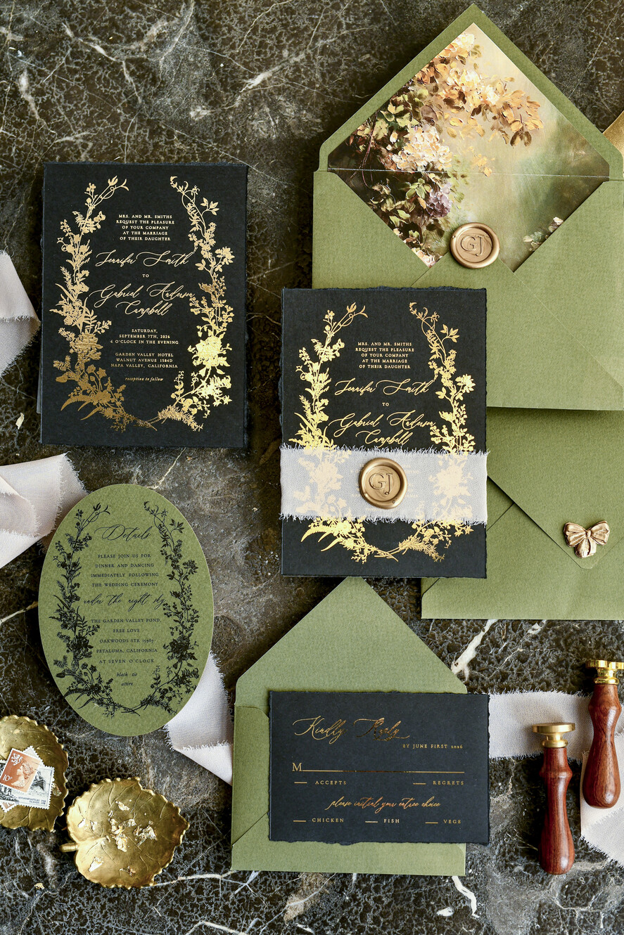 WEDDING INVITATIONS modern calligraphy / fine art Sage green  Fine Art Wedding Invitations with Gold Leaf, Deckled Edges, RSVP  qr code Silk Ribbon Bespoke Elegant Wedding Suite