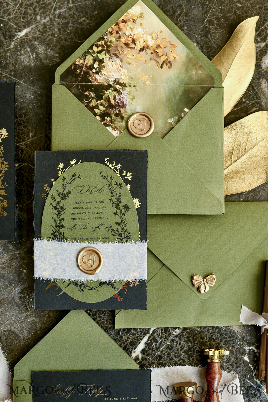 WEDDING INVITATIONS modern calligraphy / fine art Sage green  Fine Art Wedding Invitations with Gold Leaf, Deckled Edges, RSVP  qr code Silk Ribbon Bespoke Elegant Wedding Suite