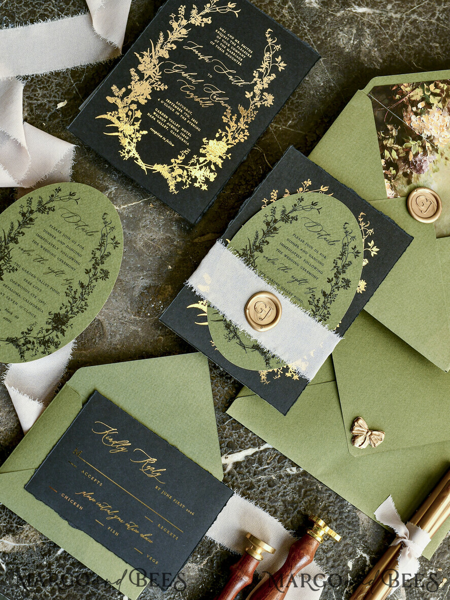 WEDDING INVITATIONS modern calligraphy / fine art Sage green  Fine Art Wedding Invitations with Gold Leaf, Deckled Edges, RSVP  qr code Silk Ribbon Bespoke Elegant Wedding Suite