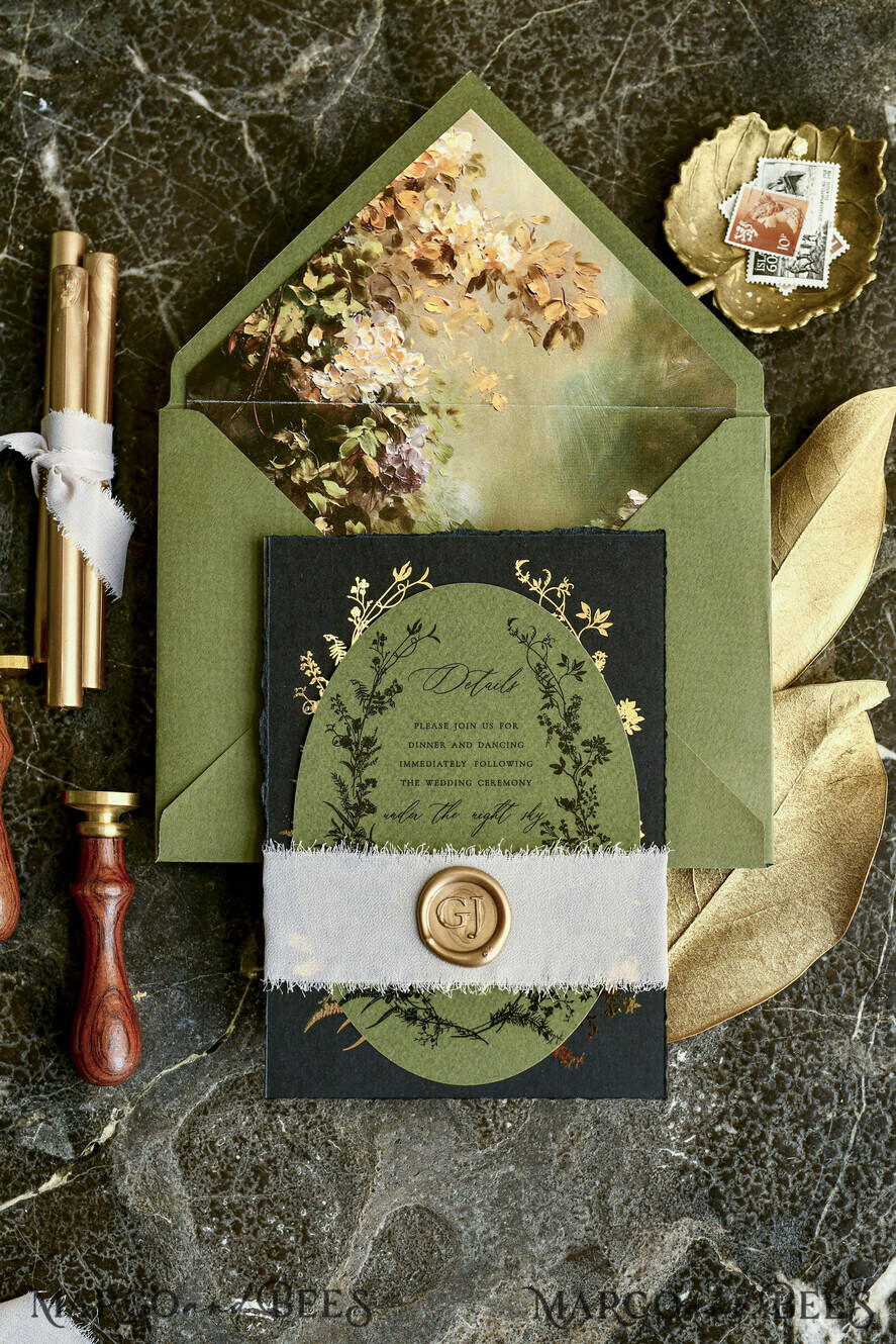 WEDDING INVITATIONS modern calligraphy / fine art Sage green  Fine Art Wedding Invitations with Gold Leaf, Deckled Edges, RSVP  qr code Silk Ribbon Bespoke Elegant Wedding Suite