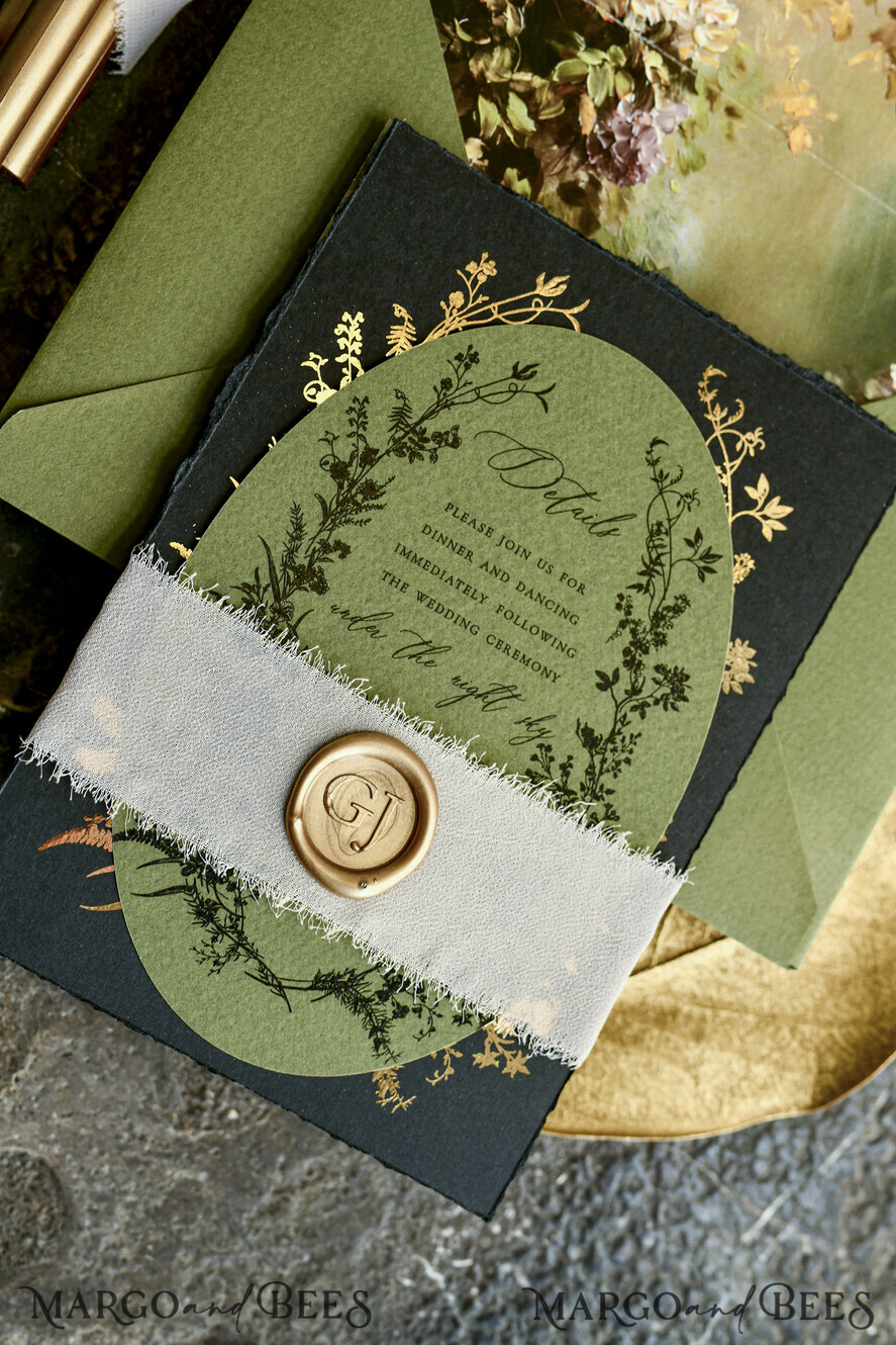 WEDDING INVITATIONS modern calligraphy / fine art Sage green  Fine Art Wedding Invitations with Gold Leaf, Deckled Edges, RSVP  qr code Silk Ribbon Bespoke Elegant Wedding Suite