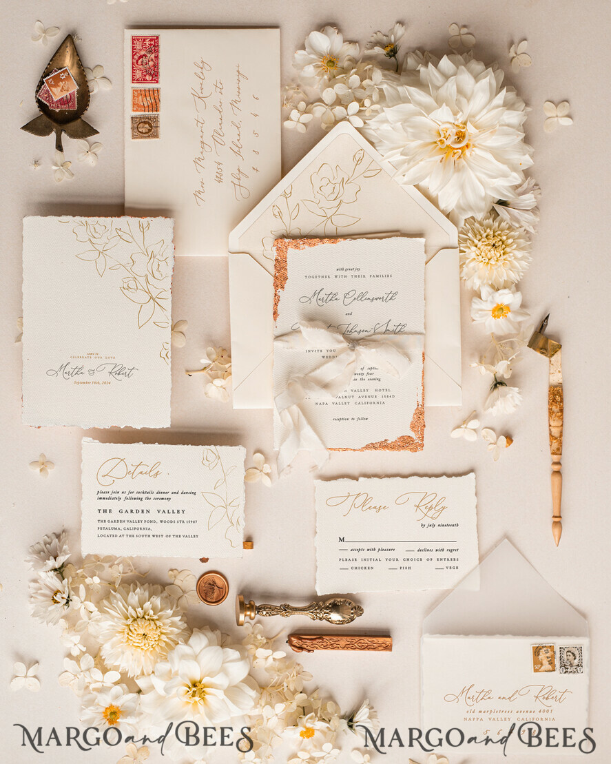 WEDDING INVITATIONS modern calligraphy / fine art Fine Art Ivory Gold Wedding Invitation, Floral Wedding Invitation, Vintage Invitation suite, Custom Wedding Venue invitation, Deckled Edge Beige Invites