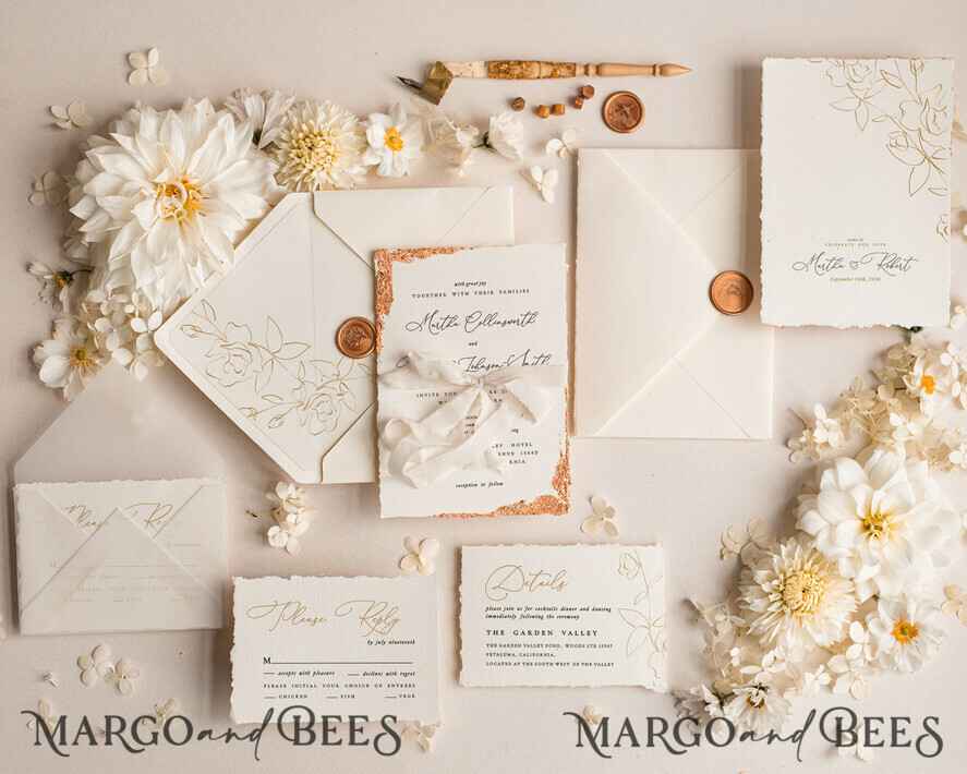 WEDDING INVITATIONS modern calligraphy / fine art Fine Art Ivory Gold Wedding Invitation, Floral Wedding Invitation, Vintage Invitation suite, Custom Wedding Venue invitation, Deckled Edge Beige Invites