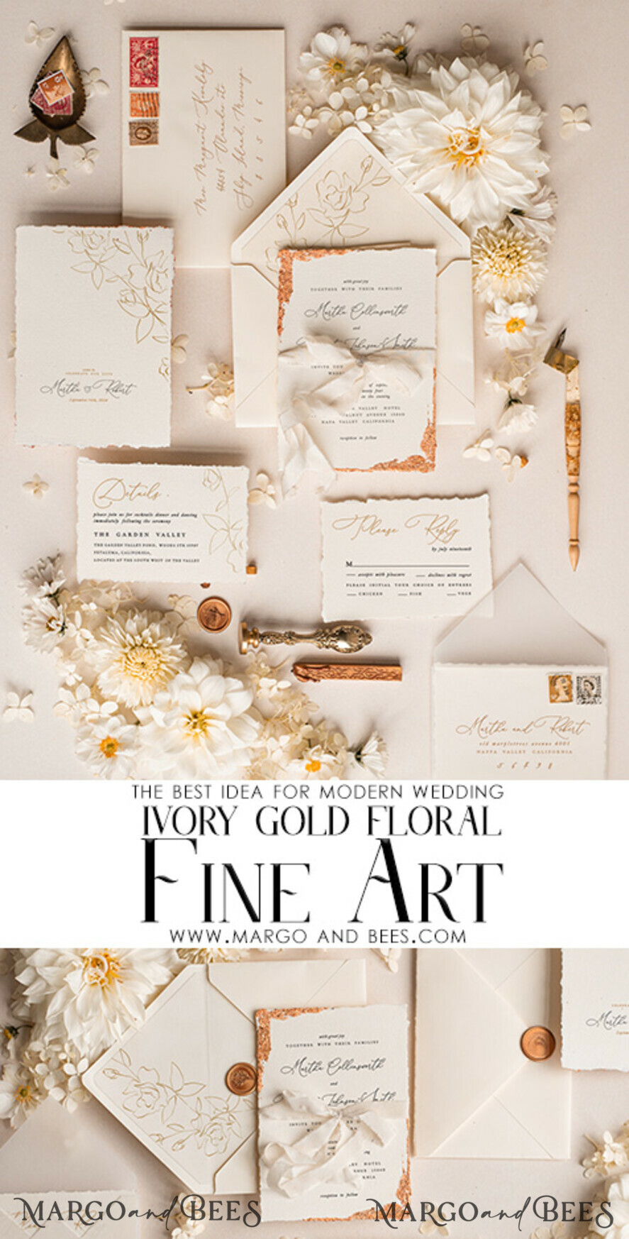 WEDDING INVITATIONS modern calligraphy / fine art Fine Art Ivory Gold Wedding Invitation, Floral Wedding Invitation, Vintage Invitation suite, Custom Wedding Venue invitation, Deckled Edge Beige Invites