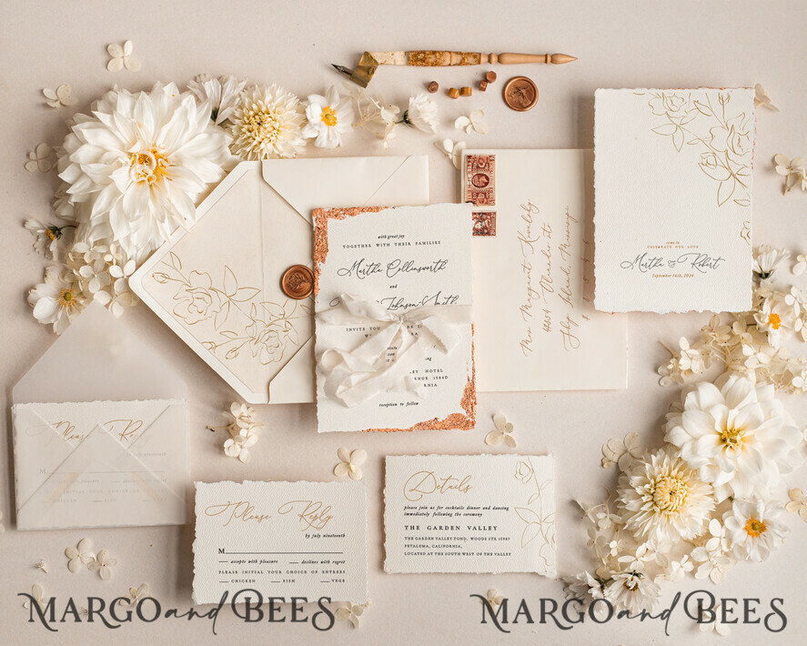 WEDDING INVITATIONS modern calligraphy / fine art Fine Art Ivory Gold Wedding Invitation, Floral Wedding Invitation, Vintage Invitation suite, Custom Wedding Venue invitation, Deckled Edge Beige Invites