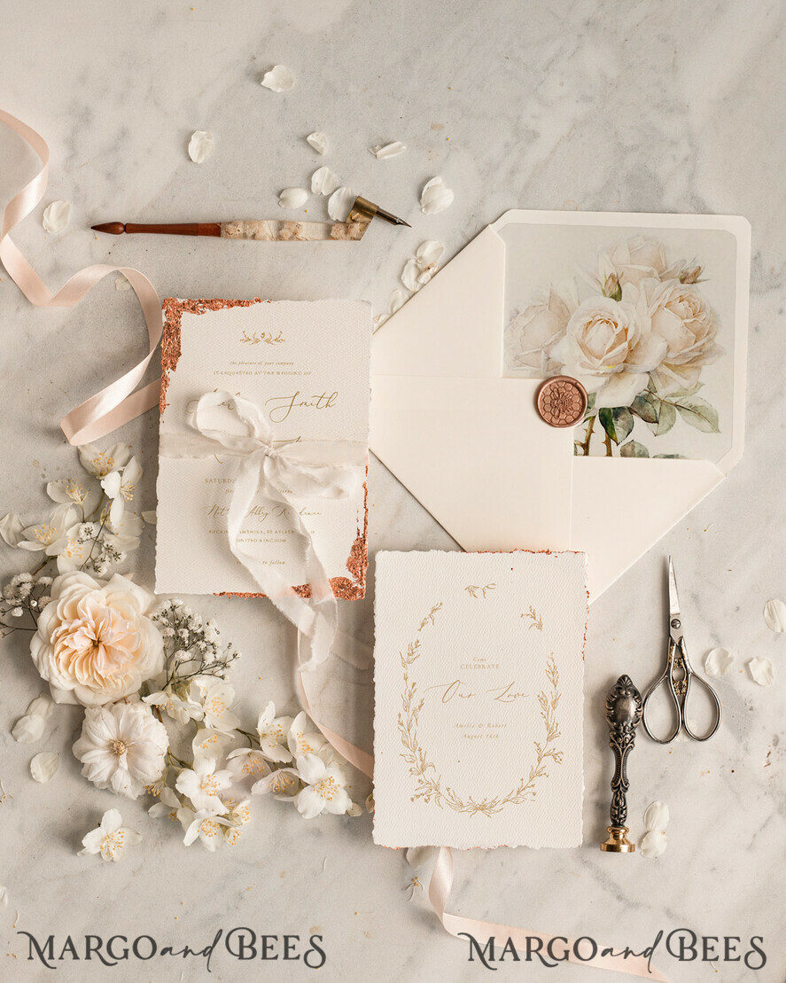 WEDDING INVITATIONS modern calligraphy / fine art Fine Art Ivory Gold Wedding Invitation, Floral Wedding Invitation, Vintage Invitation suite, Custom Wedding Venue invitation, Deckled Edge Beige Invites