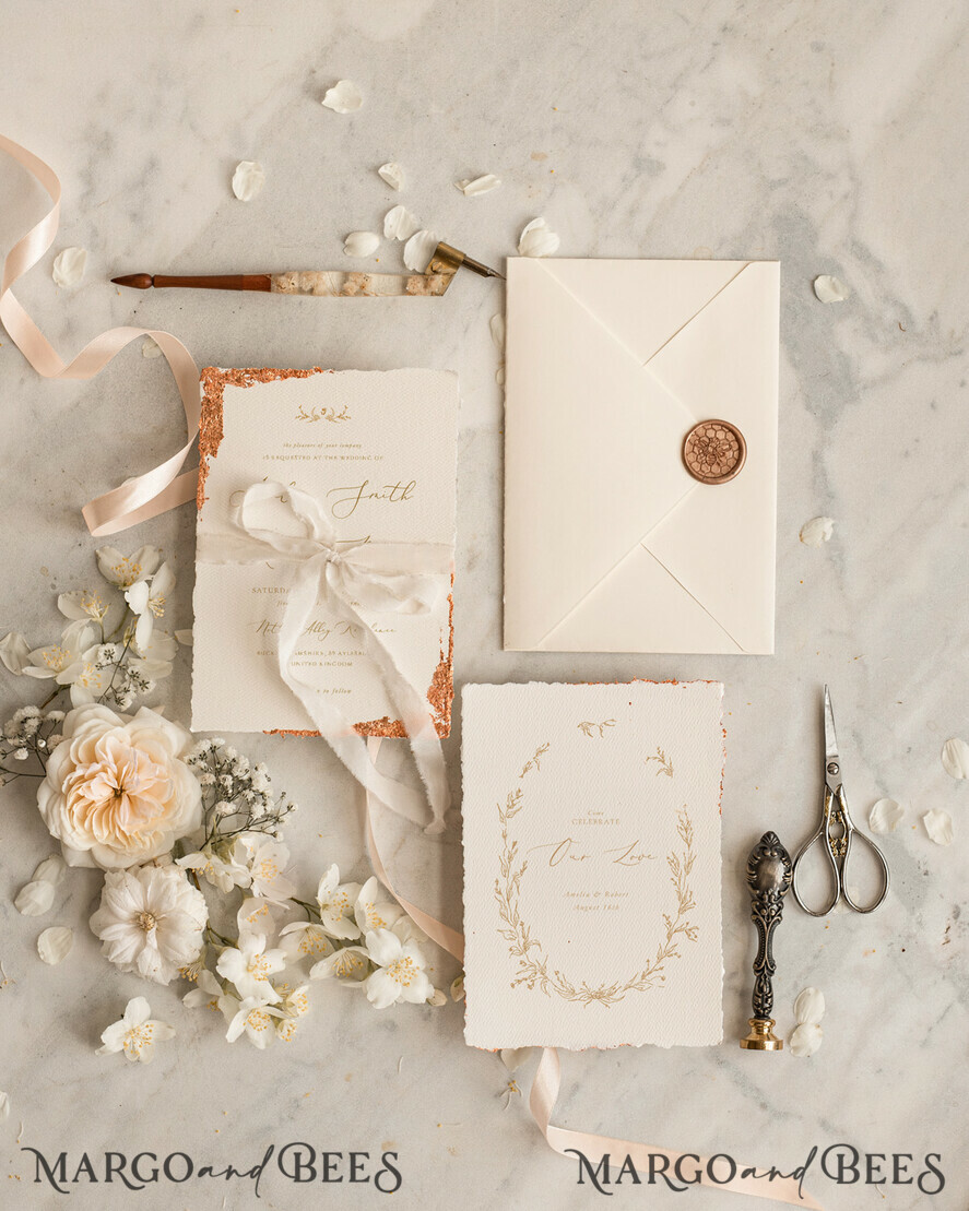 WEDDING INVITATIONS modern calligraphy / fine art Fine Art Ivory Gold Wedding Invitation, Floral Wedding Invitation, Vintage Invitation suite, Custom Wedding Venue invitation, Deckled Edge Beige Invites