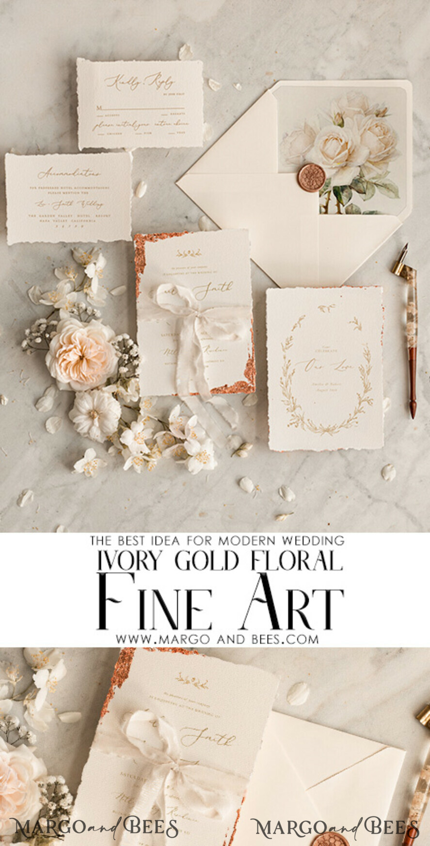 WEDDING INVITATIONS modern calligraphy / fine art Fine Art Ivory Gold Wedding Invitation, Floral Wedding Invitation, Vintage Invitation suite, Custom Wedding Venue invitation, Deckled Edge Beige Invites