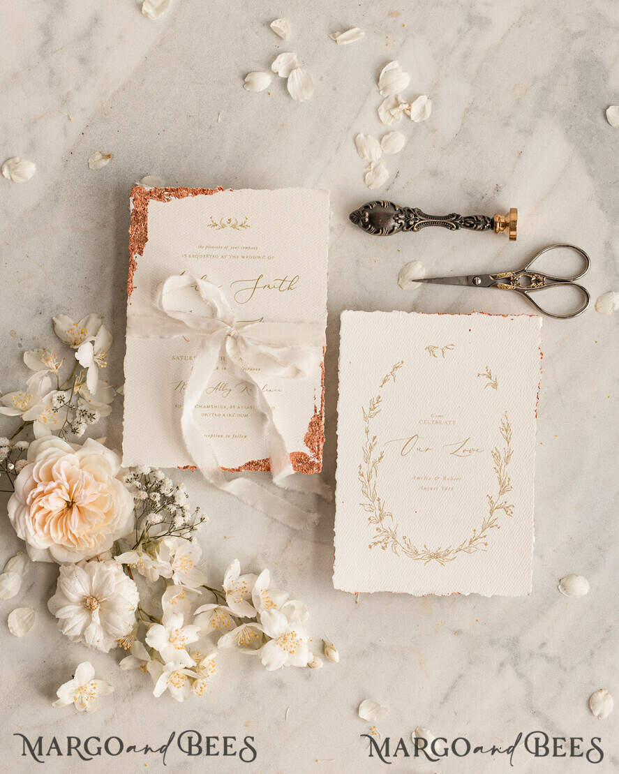 WEDDING INVITATIONS modern calligraphy / fine art Fine Art Ivory Gold Wedding Invitation, Floral Wedding Invitation, Vintage Invitation suite, Custom Wedding Venue invitation, Deckled Edge Beige Invites