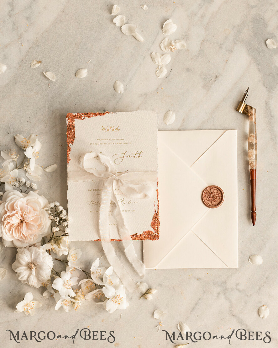 WEDDING INVITATIONS modern calligraphy / fine art Fine Art Ivory Gold Wedding Invitation, Floral Wedding Invitation, Vintage Invitation suite, Custom Wedding Venue invitation, Deckled Edge Beige Invites