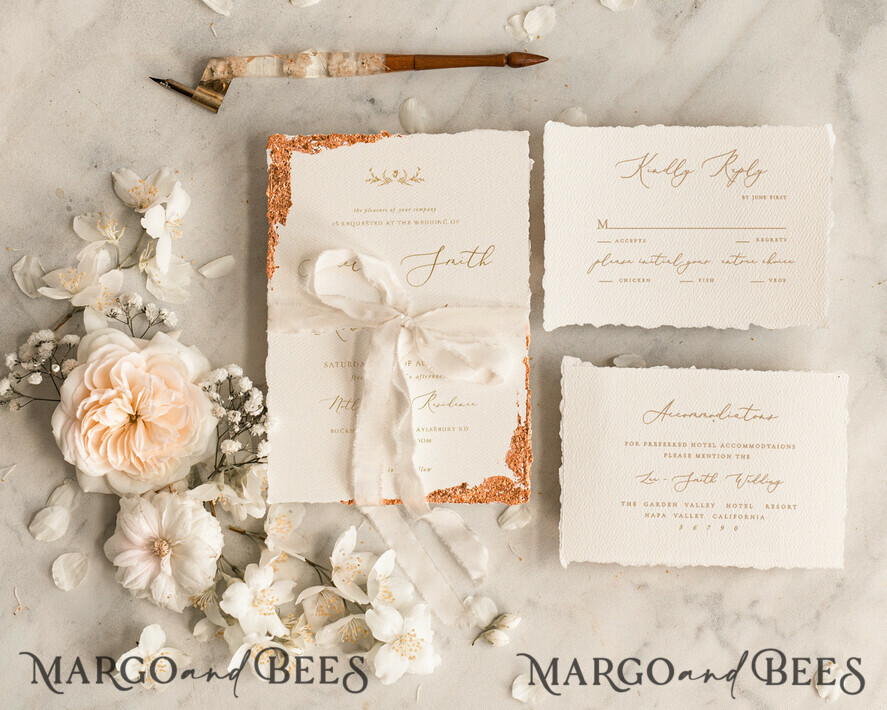 WEDDING INVITATIONS modern calligraphy / fine art Fine Art Ivory Gold Wedding Invitation, Floral Wedding Invitation, Vintage Invitation suite, Custom Wedding Venue invitation, Deckled Edge Beige Invites