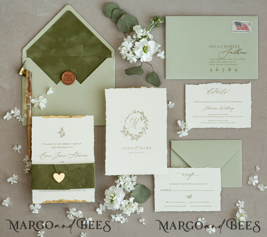 HOCHZEITS EINLADUNGEN moderne Kalligraphie / feine Kunst Feine Kunst Gold & Salbeigrüne Hochzeitseinladung, Samtgoldene Ränder Hochzeitseinladungen, Vintage Gold Einladungsset, Zerfledderte Ränder Hochzeitseinladung mit RSVP