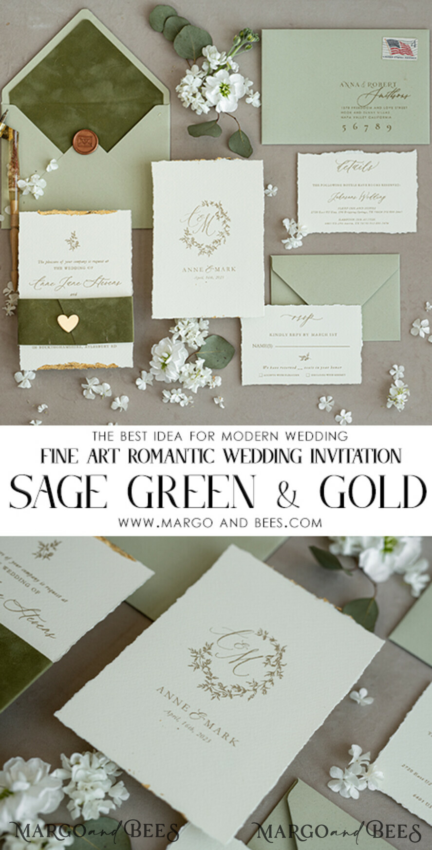 HOCHZEITS EINLADUNGEN moderne Kalligraphie / feine Kunst Feine Kunst Gold & Salbeigrüne Hochzeitseinladung, Samtgoldene Ränder Hochzeitseinladungen, Vintage Gold Einladungsset, Zerfledderte Ränder Hochzeitseinladung mit RSVP