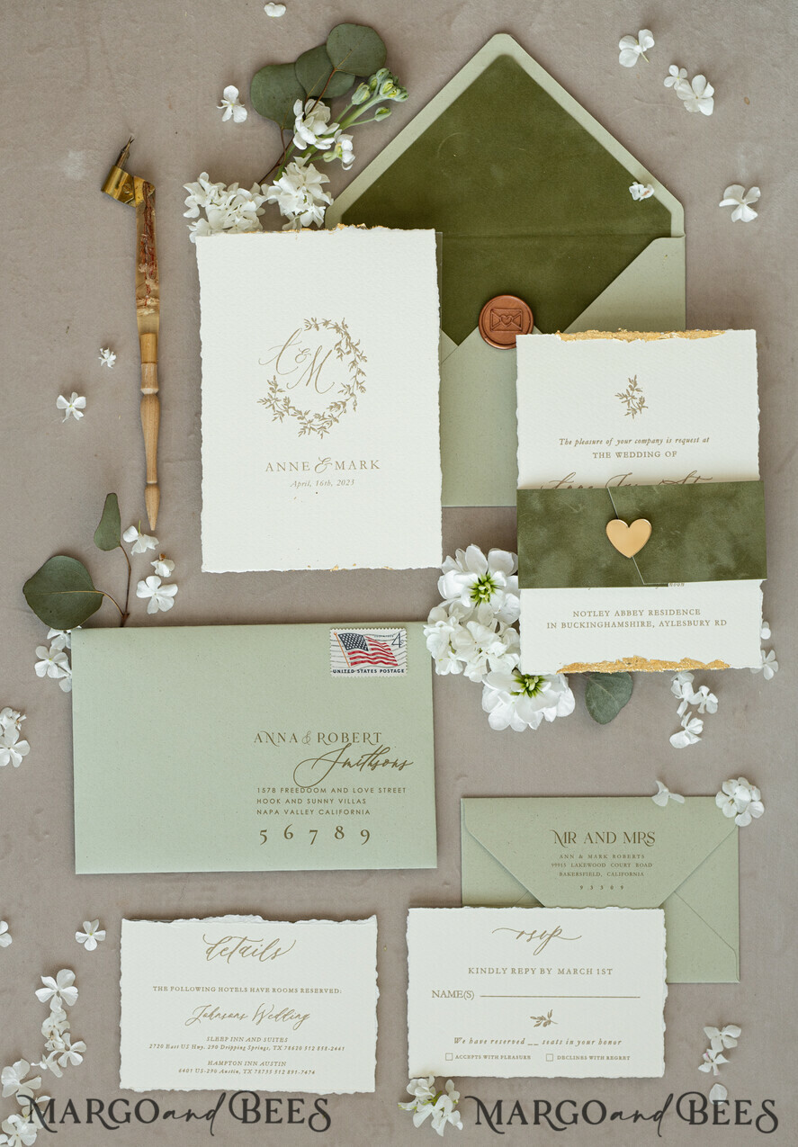 HOCHZEITS EINLADUNGEN moderne Kalligraphie / feine Kunst Feine Kunst Gold & Salbeigrüne Hochzeitseinladung, Samtgoldene Ränder Hochzeitseinladungen, Vintage Gold Einladungsset, Zerfledderte Ränder Hochzeitseinladung mit RSVP
