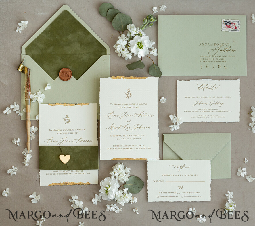 HOCHZEITS EINLADUNGEN moderne Kalligraphie / feine Kunst Feine Kunst Gold & Salbeigrüne Hochzeitseinladung, Samtgoldene Ränder Hochzeitseinladungen, Vintage Gold Einladungsset, Zerfledderte Ränder Hochzeitseinladung mit RSVP