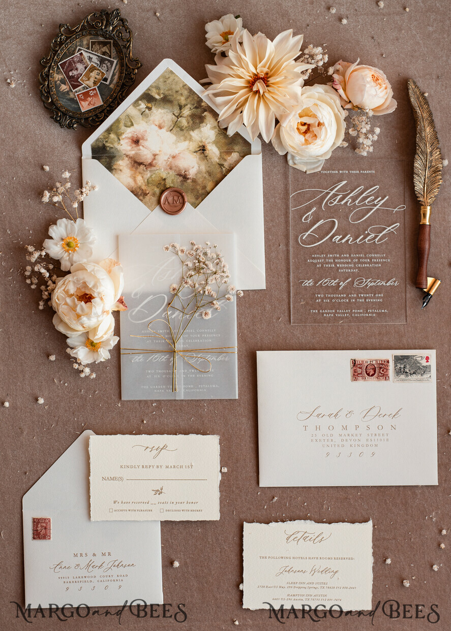 HOCHZEITS EINLADUNGEN moderne Kalligraphie / feine Kunst Feine Kunst Acryl Hochzeits Einladung, echte Baby Atem Blumen Hochzeits Einladung, französische Provence Einladung Suite, Gypsophila Hochzeits Einladung Suite, gezackte Kante Einladungen, zerrissene Kante Hochzeits Einladungen gold, feine Kunst Hochzeits Einladung Suite