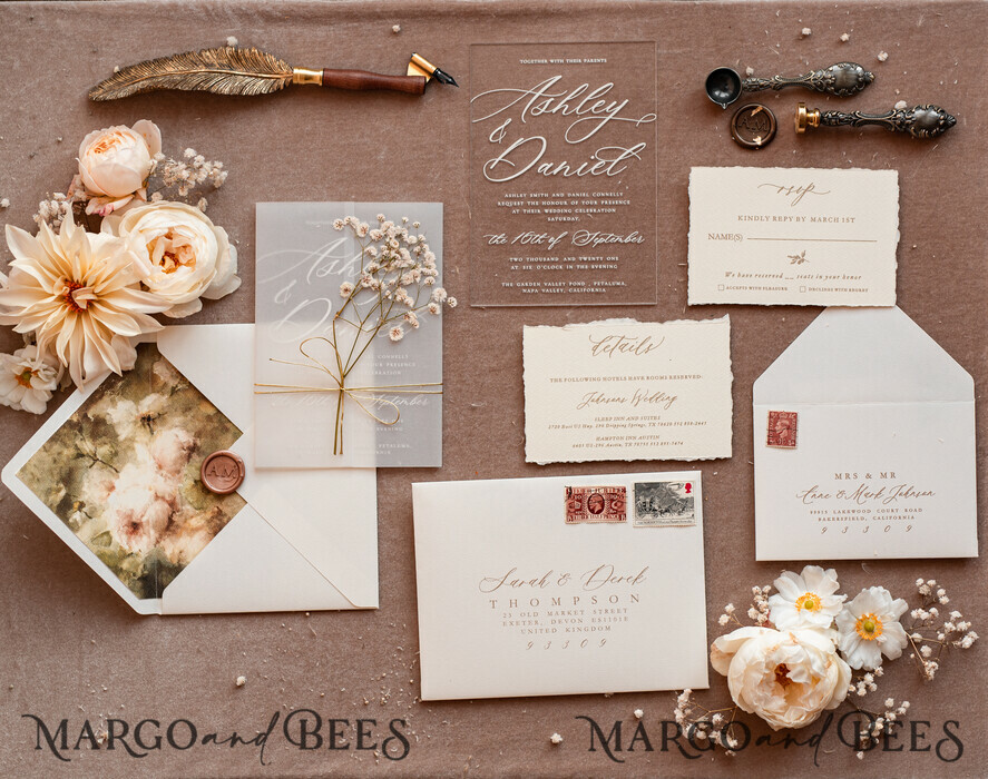 HOCHZEITS EINLADUNGEN moderne Kalligraphie / feine Kunst Feine Kunst Acryl Hochzeits Einladung, echte Baby Atem Blumen Hochzeits Einladung, französische Provence Einladung Suite, Gypsophila Hochzeits Einladung Suite, gezackte Kante Einladungen, zerrissene Kante Hochzeits Einladungen gold, feine Kunst Hochzeits Einladung Suite