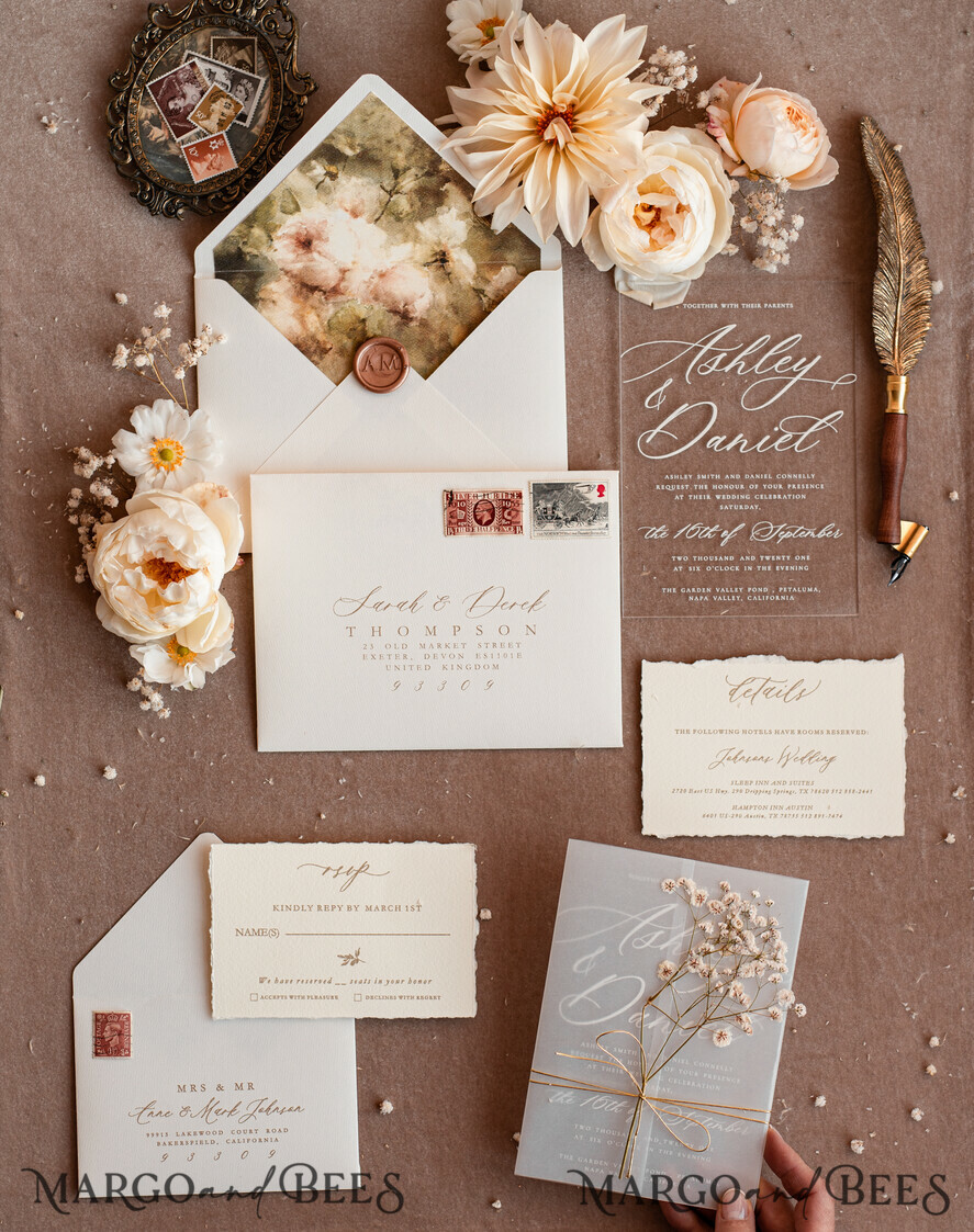 HOCHZEITS EINLADUNGEN moderne Kalligraphie / feine Kunst Feine Kunst Acryl Hochzeits Einladung, echte Baby Atem Blumen Hochzeits Einladung, französische Provence Einladung Suite, Gypsophila Hochzeits Einladung Suite, gezackte Kante Einladungen, zerrissene Kante Hochzeits Einladungen gold, feine Kunst Hochzeits Einladung Suite