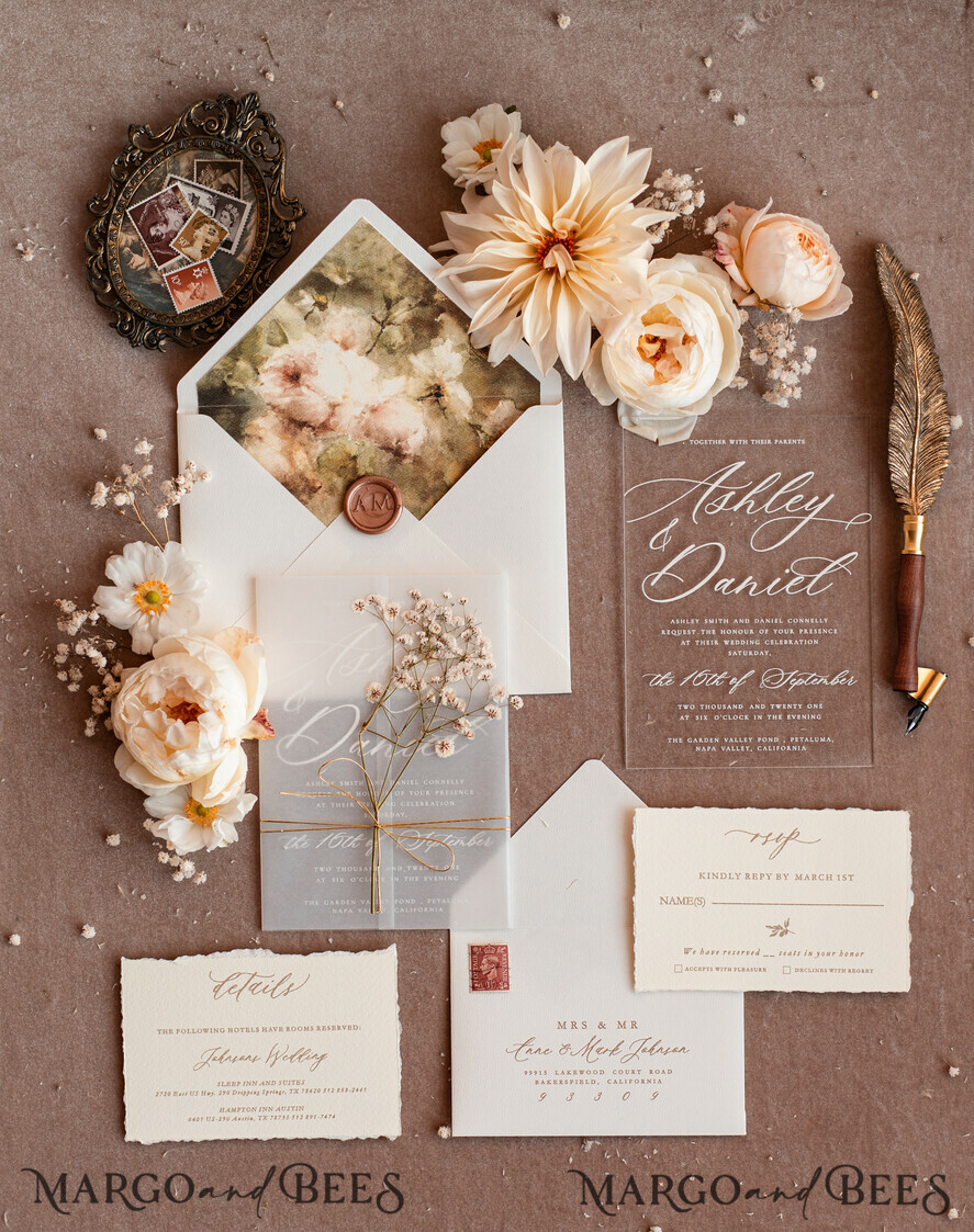 HOCHZEITS EINLADUNGEN moderne Kalligraphie / feine Kunst Feine Kunst Acryl Hochzeits Einladung, echte Baby Atem Blumen Hochzeits Einladung, französische Provence Einladung Suite, Gypsophila Hochzeits Einladung Suite, gezackte Kante Einladungen, zerrissene Kante Hochzeits Einladungen gold, feine Kunst Hochzeits Einladung Suite