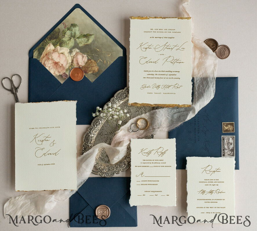 WEDDING INVITATIONS modern calligraphy / fine art Ivory Gold Wedding Invitation, Floral Wedding Invitation, Tuscany Italian Invitation suite, Wreath Monogram wedding invitation suite, Deckled Edge Invites, Torn Edge Wedding Invitations golden, Fine Art Wedding Invitation Suite, Deckled Edge Paper