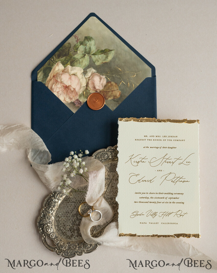 Ivory Gold Wedding Invitation, Floral Wedding Invitation, Tuscany