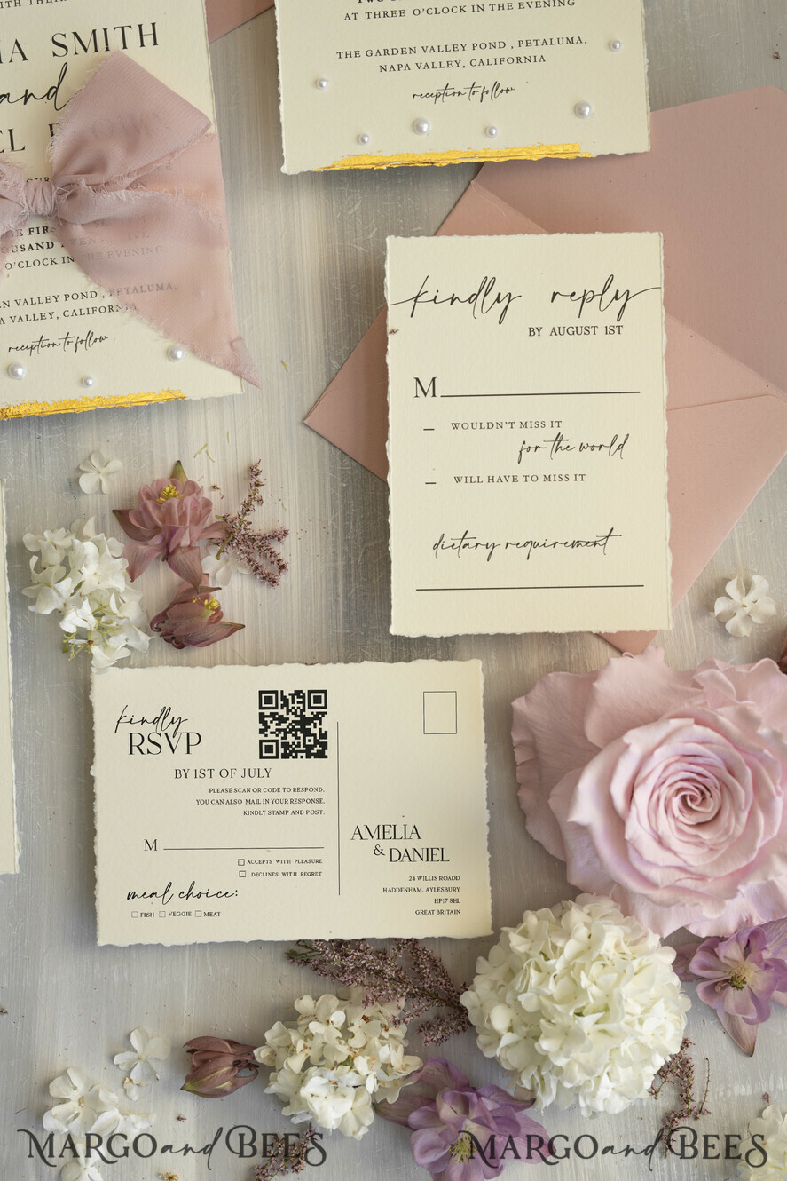 WEDDING INVITATIONS modern calligraphy / fine art Sage green  Fine Art Wedding Invitations with Gold Leaf, Deckled Edges, RSVP  qr code Silk Ribbon Bespoke Elegant Wedding Suite