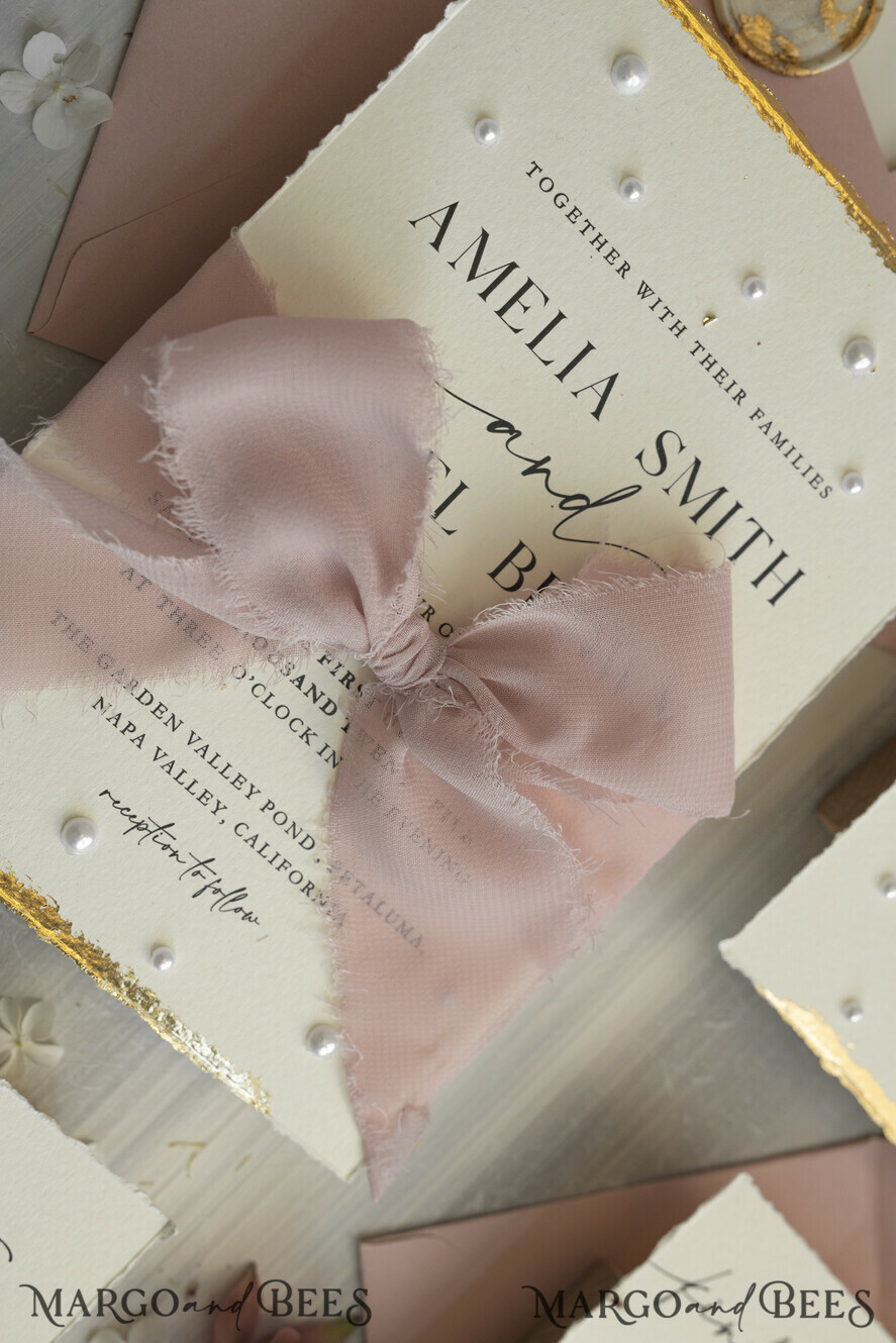 WEDDING INVITATIONS modern calligraphy / fine art Sage green  Fine Art Wedding Invitations with Gold Leaf, Deckled Edges, RSVP  qr code Silk Ribbon Bespoke Elegant Wedding Suite