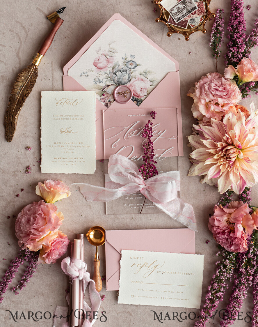 Calligraphy Ribbon Wedding Invitations in Dusty Rose