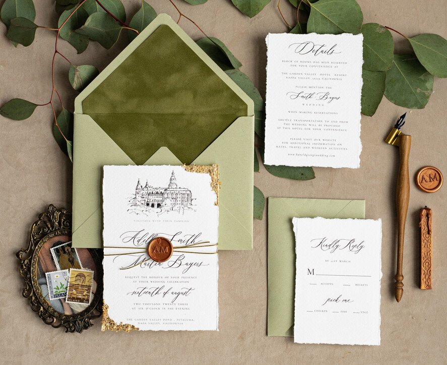 HOCHZEITS EINLADUNGEN moderne Kalligraphie / feine Kunst Feine Kunst Elfenbein Salbeigrüne Hochzeitseinladung, Veranstaltungs-Skizze Hochzeitseinladungen, Vintage Goldene Einladungsreihe, Individuelle Hochzeit Veranstaltungs-Einladung, Deckled Edge Italien Einladungen mit RSVP