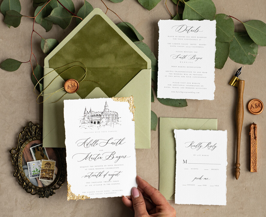 HOCHZEITS EINLADUNGEN moderne Kalligraphie / feine Kunst Feine Kunst Elfenbein Salbeigrüne Hochzeitseinladung, Veranstaltungs-Skizze Hochzeitseinladungen, Vintage Goldene Einladungsreihe, Individuelle Hochzeit Veranstaltungs-Einladung, Deckled Edge Italien Einladungen mit RSVP