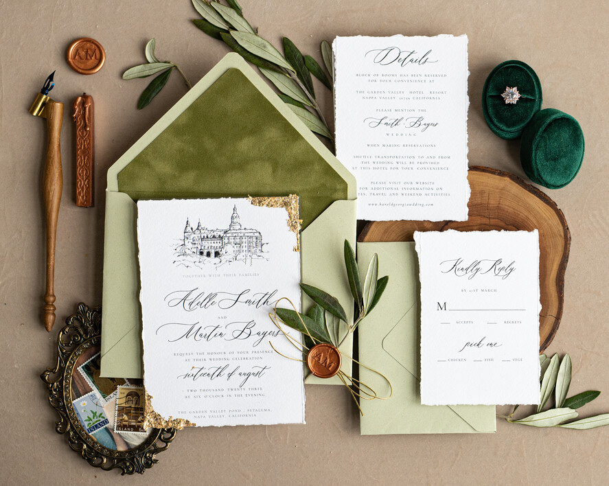 HOCHZEITS EINLADUNGEN moderne Kalligraphie / feine Kunst Feine Kunst Elfenbein Salbeigrüne Hochzeitseinladung, Veranstaltungs-Skizze Hochzeitseinladungen, Vintage Goldene Einladungsreihe, Individuelle Hochzeit Veranstaltungs-Einladung, Deckled Edge Italien Einladungen mit RSVP