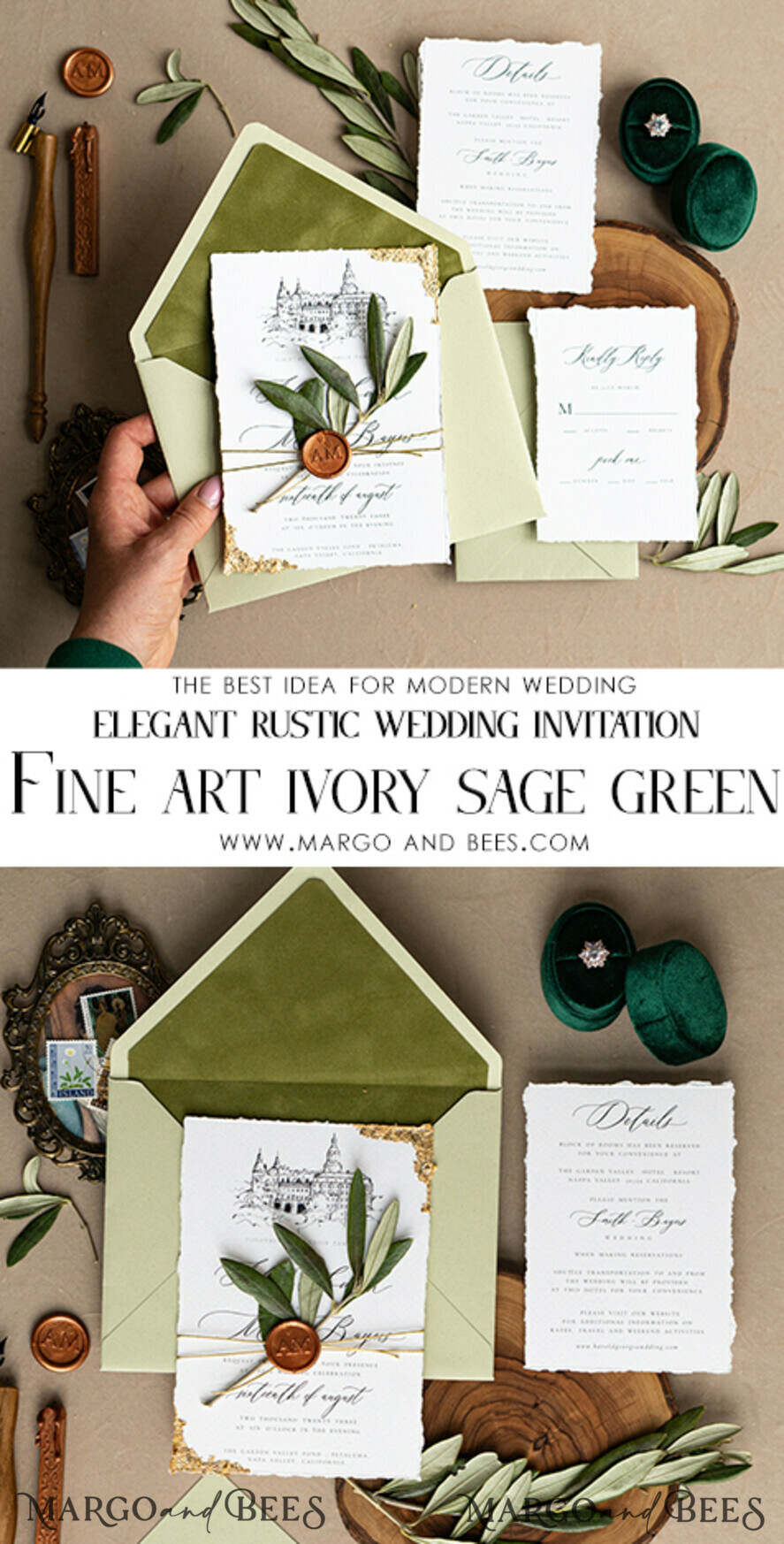 HOCHZEITS EINLADUNGEN moderne Kalligraphie / feine Kunst Feine Kunst Elfenbein Salbeigrüne Hochzeitseinladung, Veranstaltungs-Skizze Hochzeitseinladungen, Vintage Goldene Einladungsreihe, Individuelle Hochzeit Veranstaltungs-Einladung, Deckled Edge Italien Einladungen mit RSVP