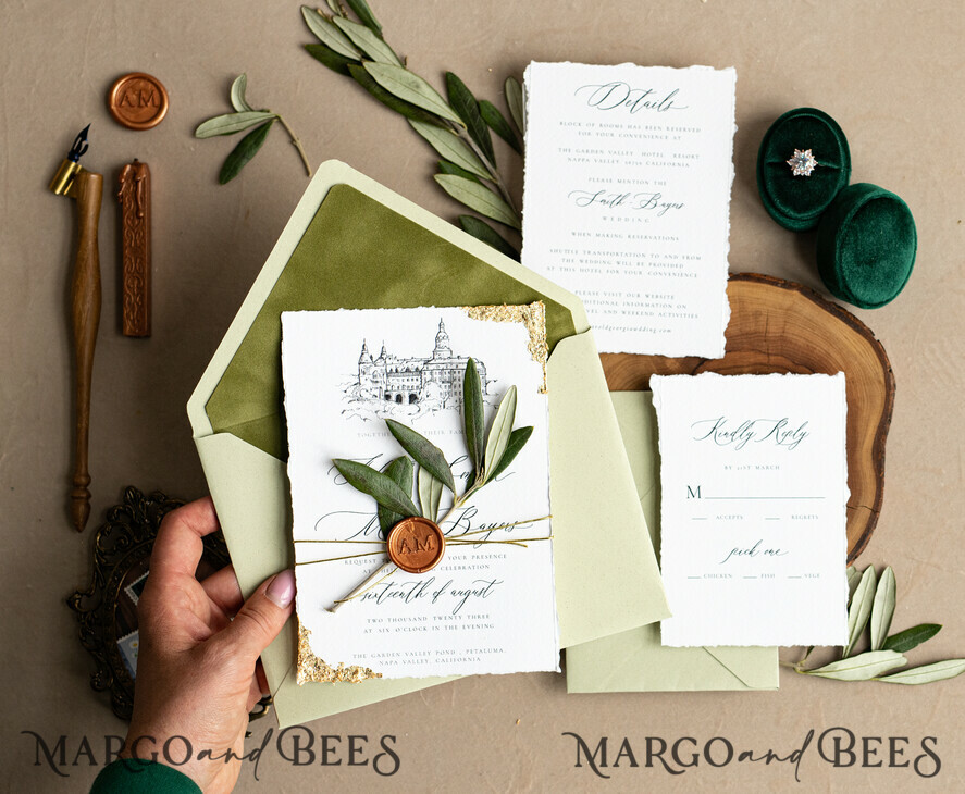 HOCHZEITS EINLADUNGEN moderne Kalligraphie / feine Kunst Feine Kunst Elfenbein Salbeigrüne Hochzeitseinladung, Veranstaltungs-Skizze Hochzeitseinladungen, Vintage Goldene Einladungsreihe, Individuelle Hochzeit Veranstaltungs-Einladung, Deckled Edge Italien Einladungen mit RSVP