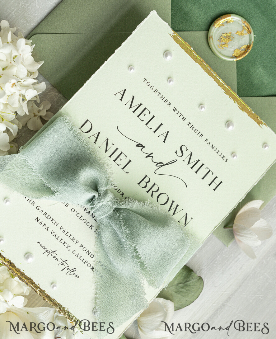 HOCHZEITS EINLADUNGEN moderne Kalligraphie / feine Kunst Luxus Fine Art Hochzeitskarten mit Goldfolie, Deckled Rändern, RSVP QR-Code, Seidenband, maßgeschneiderte elegante Hochzeitsmappe