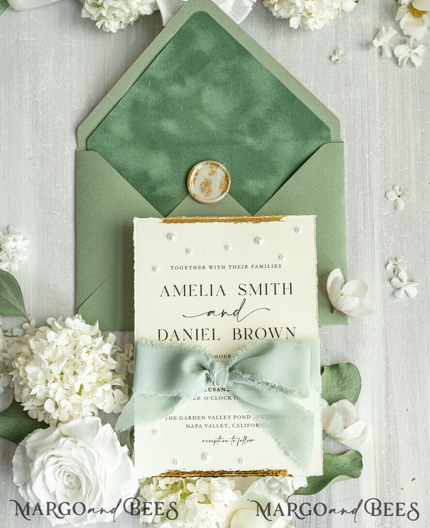 HOCHZEITS EINLADUNGEN moderne Kalligraphie / feine Kunst Luxus Fine Art Hochzeitskarten mit Goldfolie, Deckled Rändern, RSVP QR-Code, Seidenband, maßgeschneiderte elegante Hochzeitsmappe