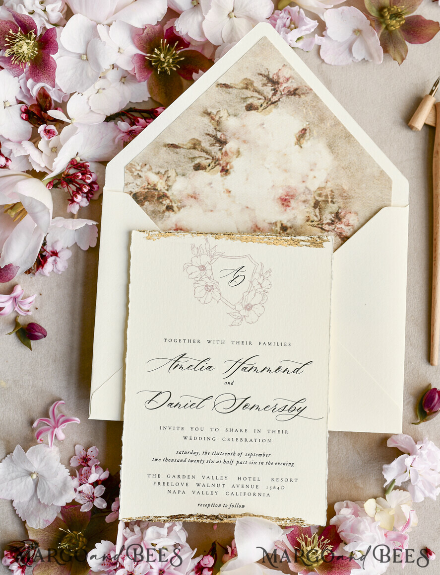 WEDDING INVITATIONS modern calligraphy / fine art Sage green  Fine Art Wedding Invitations with Gold Leaf, Deckled Edges, RSVP  qr code Silk Ribbon Bespoke Elegant Wedding Suite