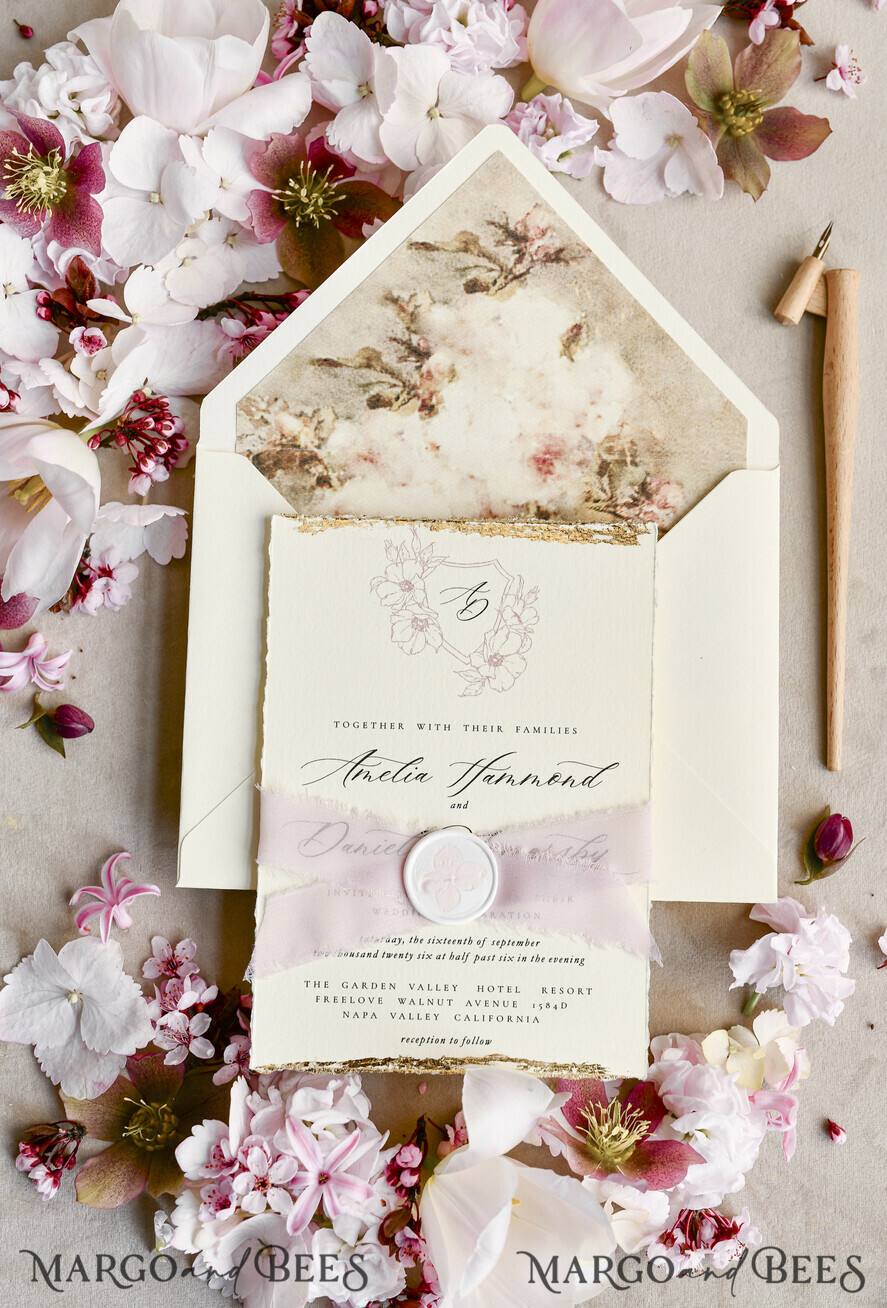 WEDDING INVITATIONS modern calligraphy / fine art Sage green  Fine Art Wedding Invitations with Gold Leaf, Deckled Edges, RSVP  qr code Silk Ribbon Bespoke Elegant Wedding Suite