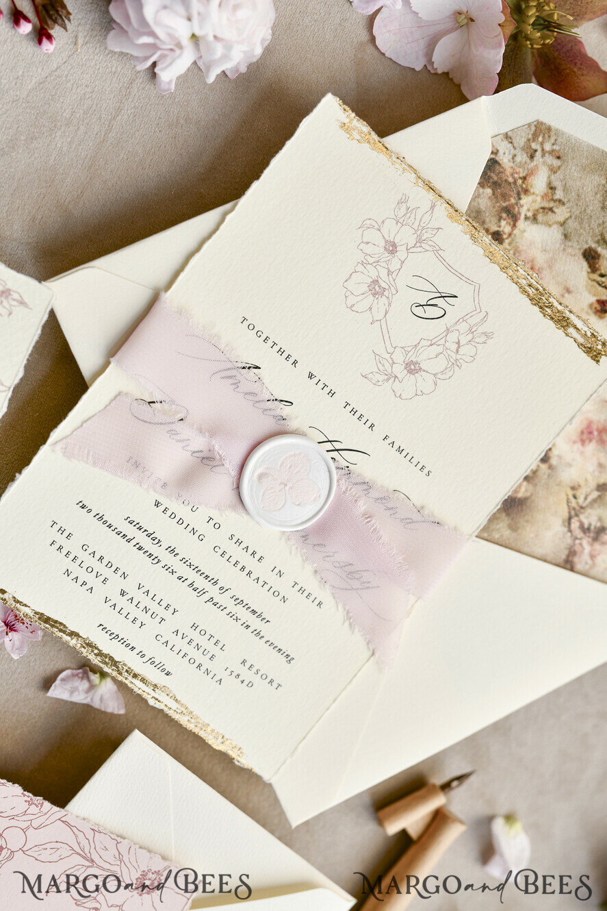 WEDDING INVITATIONS modern calligraphy / fine art Sage green  Fine Art Wedding Invitations with Gold Leaf, Deckled Edges, RSVP  qr code Silk Ribbon Bespoke Elegant Wedding Suite