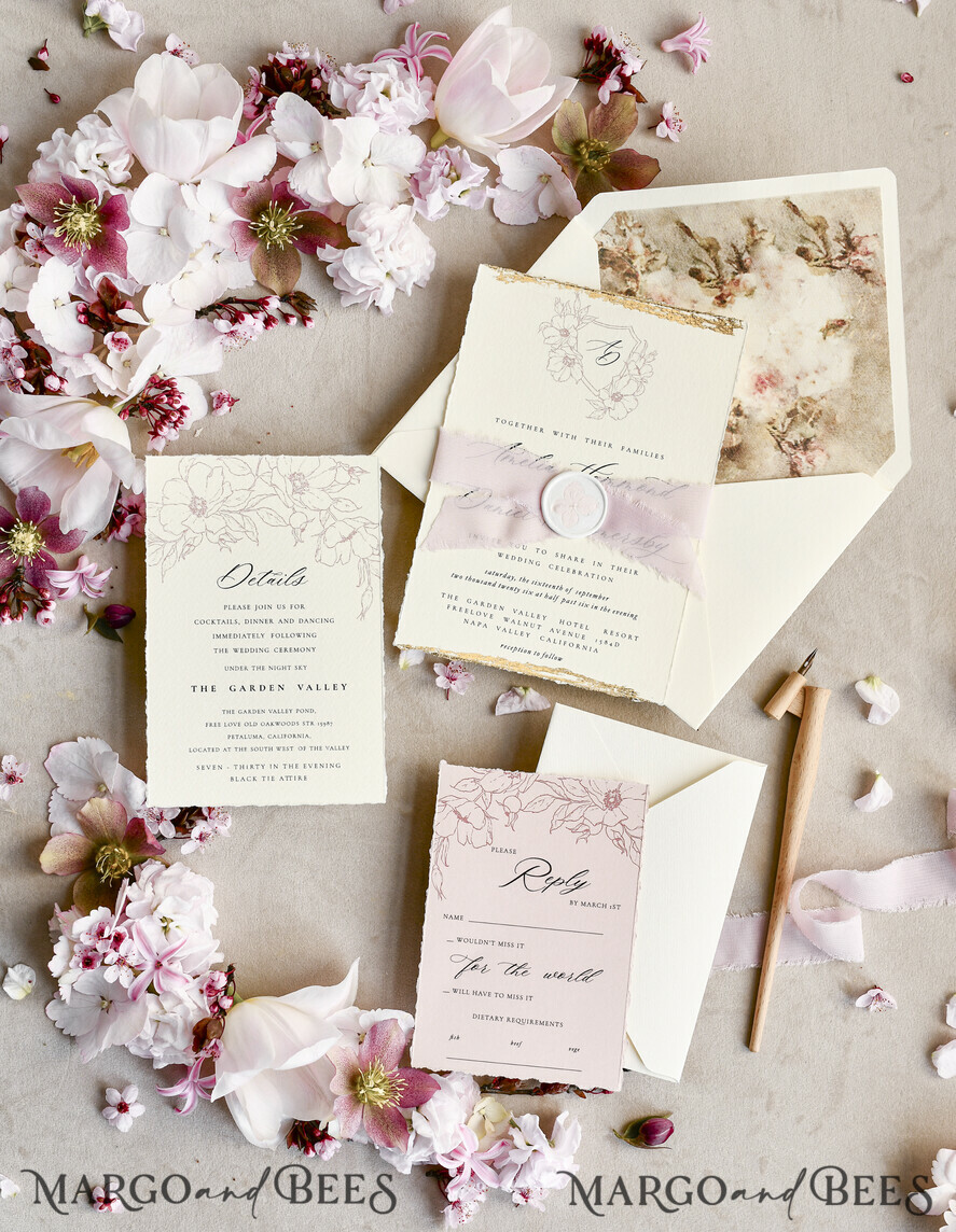 WEDDING INVITATIONS modern calligraphy / fine art Sage green  Fine Art Wedding Invitations with Gold Leaf, Deckled Edges, RSVP  qr code Silk Ribbon Bespoke Elegant Wedding Suite