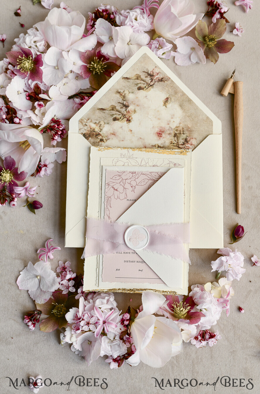 WEDDING INVITATIONS modern calligraphy / fine art Sage green  Fine Art Wedding Invitations with Gold Leaf, Deckled Edges, RSVP  qr code Silk Ribbon Bespoke Elegant Wedding Suite