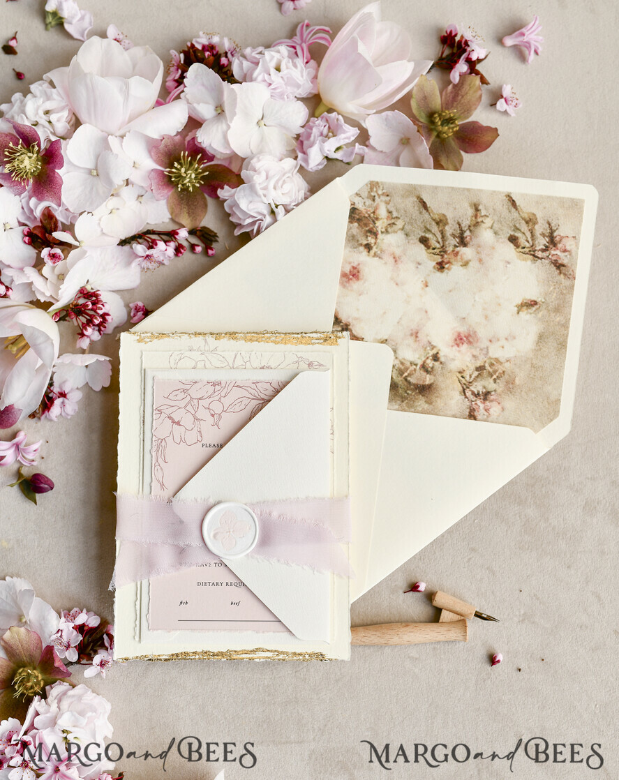 WEDDING INVITATIONS modern calligraphy / fine art Sage green  Fine Art Wedding Invitations with Gold Leaf, Deckled Edges, RSVP  qr code Silk Ribbon Bespoke Elegant Wedding Suite