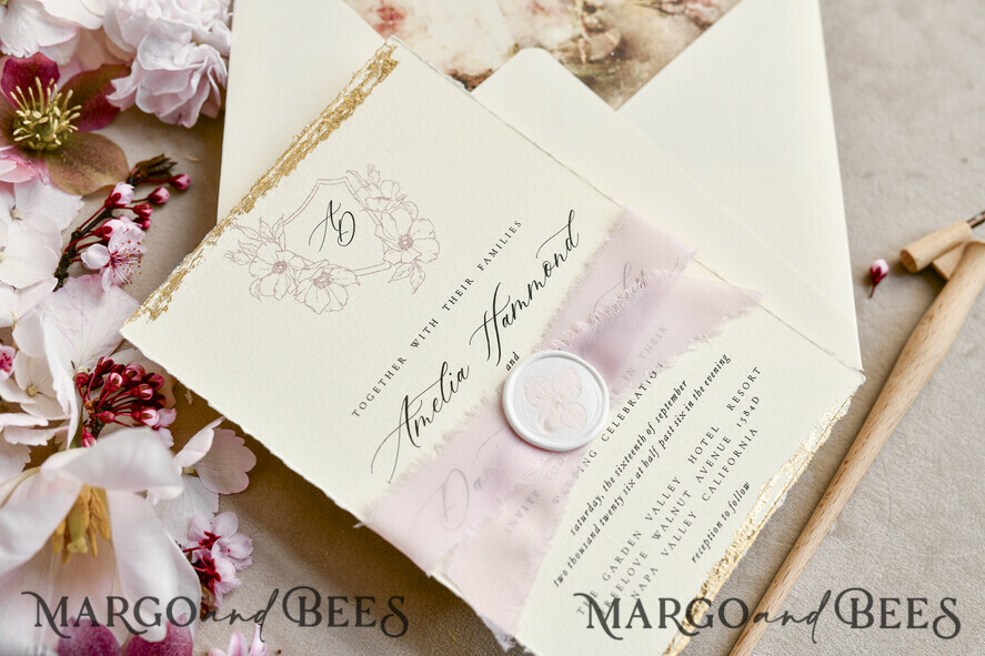 WEDDING INVITATIONS modern calligraphy / fine art Sage green  Fine Art Wedding Invitations with Gold Leaf, Deckled Edges, RSVP  qr code Silk Ribbon Bespoke Elegant Wedding Suite