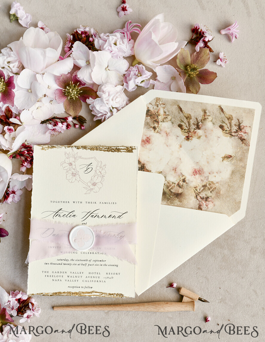 WEDDING INVITATIONS modern calligraphy / fine art Sage green  Fine Art Wedding Invitations with Gold Leaf, Deckled Edges, RSVP  qr code Silk Ribbon Bespoke Elegant Wedding Suite