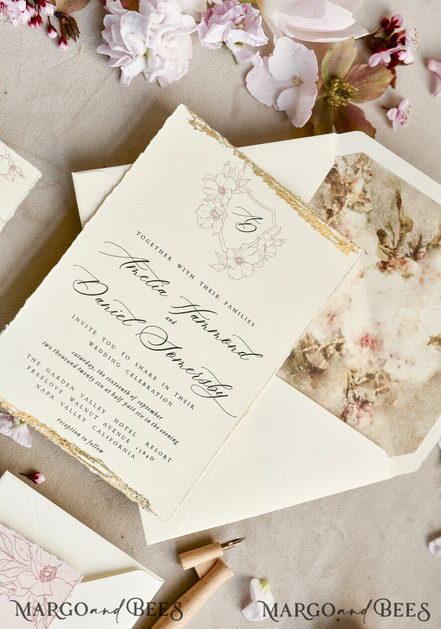 WEDDING INVITATIONS modern calligraphy / fine art Sage green  Fine Art Wedding Invitations with Gold Leaf, Deckled Edges, RSVP  qr code Silk Ribbon Bespoke Elegant Wedding Suite